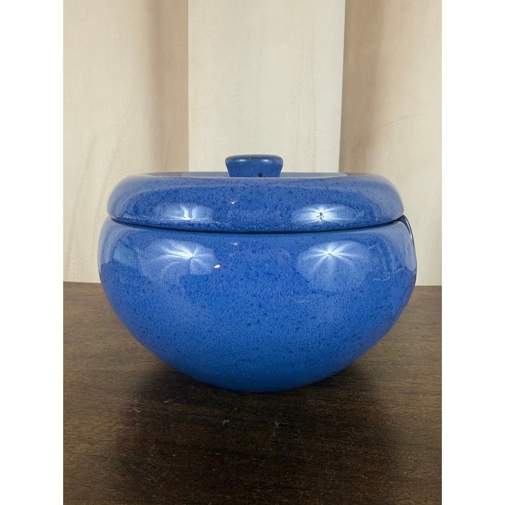 VTG Blue Terra Cotta Studio‎ Pottery 7" Serving Bowl w/Lid and Utensil Notch